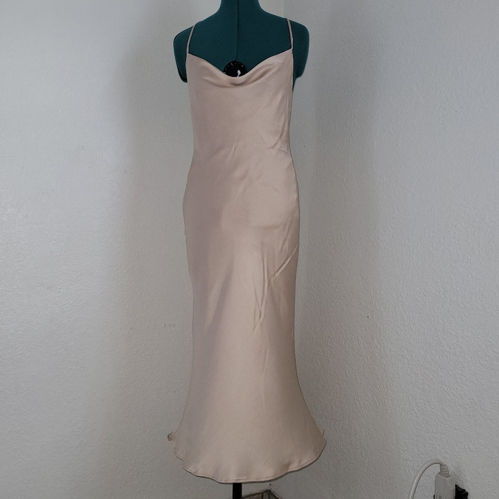 Show Me Your Mumu Verona Cowl Dress Beige Tan Luxe Satin SZ XS Wedding Cocktail